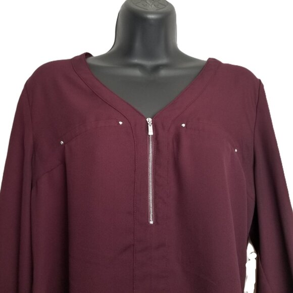 Fortune and Ivy Blouse M Wine Burgundy Zip Front 3/4 Sleeves Stretch - Picture 3 of 9